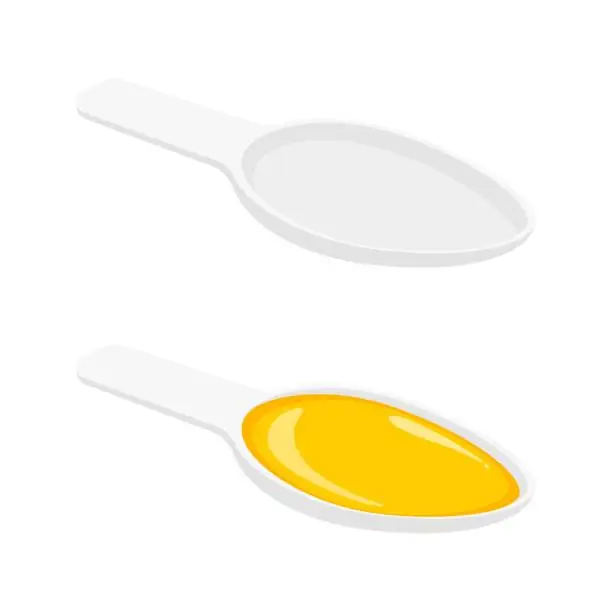 Vector illustration of Empty and full oral liquid medicine spoon with doze of kids syrup for cough, sore throat, cold, flu and other respiratory tract infection