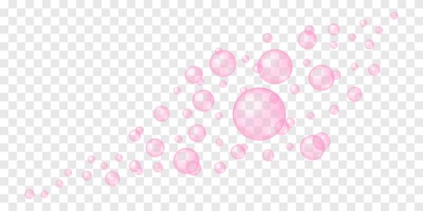 latające lub wypłukujące różowe bąbelki na przezroczystym tle. pianka mydlana, płyny do kąpieli, konsystencja środka czyszczącego. gazowany napój wiśniowy lub truskawkowy, szampan, wino musujące - pink glass wine bubble stock illustrations