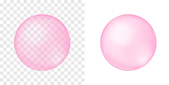 Pink bubble on transparent and white background. Cherry or strawberry bubble gum. Element of soap foam, bath suds, cleanser liquid, sweet carbonated water. Vector realistic illustration