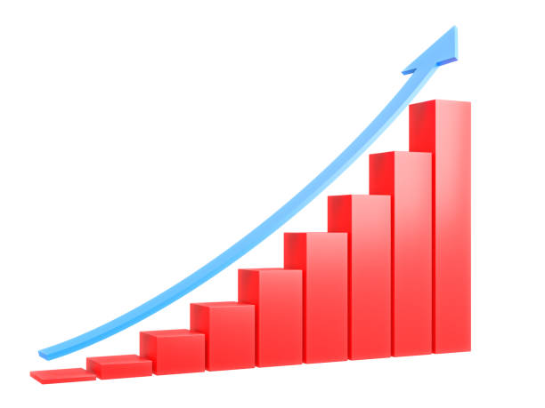 istock Red business graph with up arrow.,3d model and illustration. 1431709095