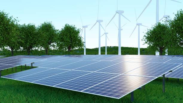 istock 3d rendering of solar panels, wind turbines and trees, renewable energy and environment 1431709128