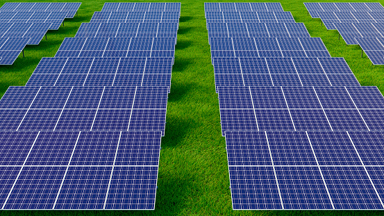 3d rendering of solar panels on grassy site, renewable energy.