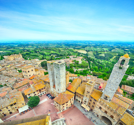 Beautiful medieval town of San Gimignano, Tuscany, Italy. Composite photo