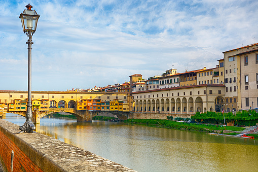 The Vasari Corridor and the Ponte Vecchio (Old Bridge) in Florence, Italy