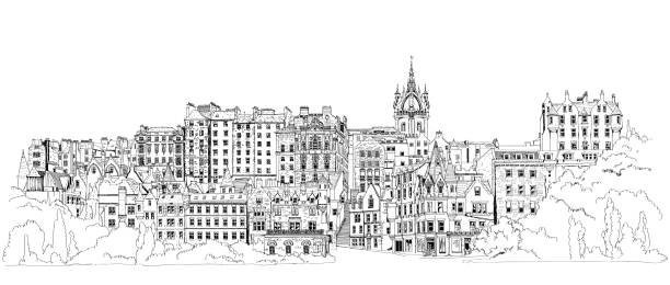 illustrations, cliparts, dessins animés et icônes de edinbourgh, schotland. croquis de la vue de la ville d’édimbourg avec la rue cockburn, les maisons historiques et le dôme de la cathédrale. - edinburgh scotland castle skyline