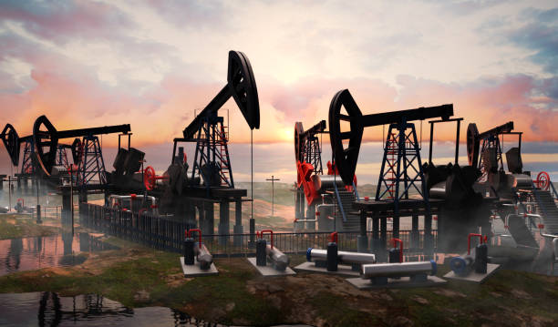 Oil pump, oil industry equipment, drilling derricks from oil field silhouette at sunset. Energy supply crisis. 3D rendering stock photo