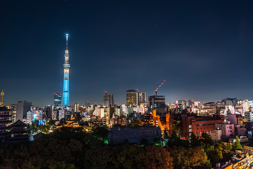 Tokyo, Japan - November 15, 2019: Sensoji Temple gate and Skytree Tower in Tokyo, Japan.