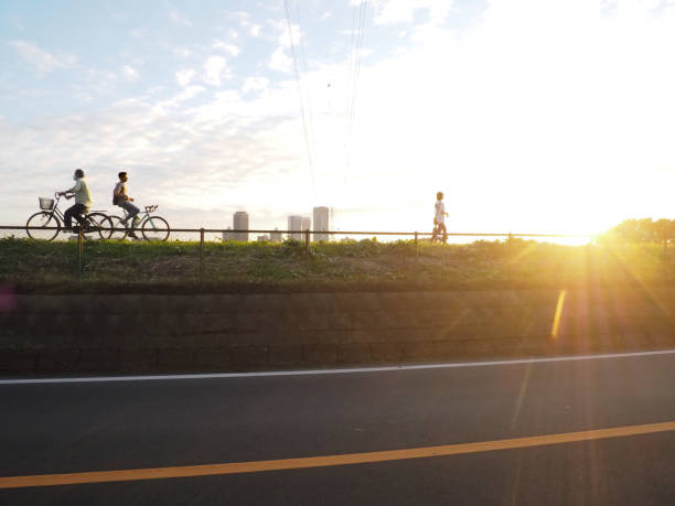 Tokyo,Japan.October 2020:A cycling and jogging course along the Tama River.View from the road.