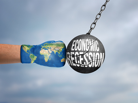 Global economy recession and declining World business crisis or international decline and economic concept in a 3D illustration style.
