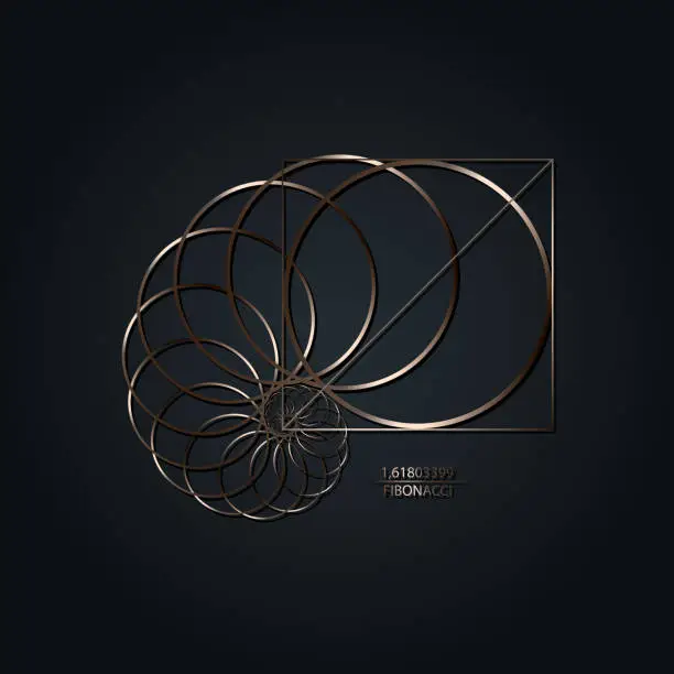 Vector illustration of Fibonacci Sequence Circle. Golden ratio. Geometric shapes spiral. Snail spiral. Sea shell of metallic circles. Sacred geometry logo template. Logarithmic sequences. Vector isolated on black background