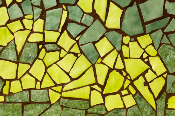 broken green and yellow tiles , wall or flooring decoration - spain spanish culture art pattern imagens e fotografias de stock