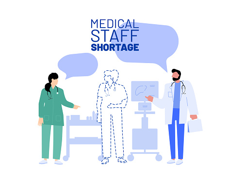 Staff shortage concept. Vector illustration. Recruiting problem. Group of medical workers in work conversation with one absent person in hospital environment. Labor and personell crisis.