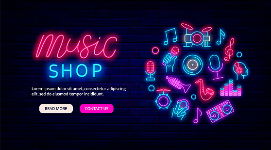 Music shop neon flyer promotion. Website landing page. Circle layout with shiny icons. Glowing greeting card. Store signboard with disk, drum and microphone. Light advertising. Vector illustration