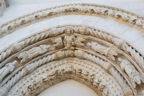 Stone carving, detail from the main Portal of the Cathedral of St. Jacob, Renaissance architectural monument, in Sibenik, Croatia