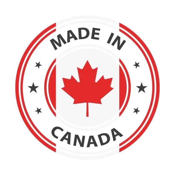 Vector illustration of Made in Canada badge vector. Sticker with stars and national flag. Sign isolated on white background.