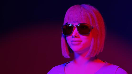 young woman wearing sunglasses party girl vogue bob haircut style under blue and red lights hair fringe 3D illustration