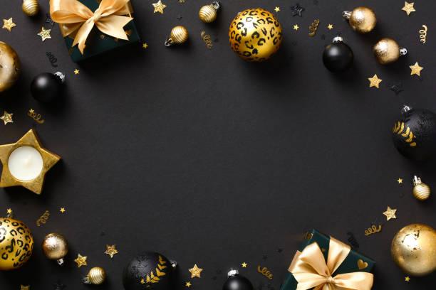 istock Christmas frame with gold and black balls, decorations, gift boxes, confetti. Luxury Christmas greeting card template, New Year banner mockup. Flat lay, top view, copy space. 1431736176