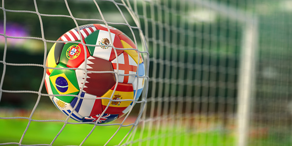 Soccer football ball with flags of world countries scoring goal on a cup of world. 3d illustration