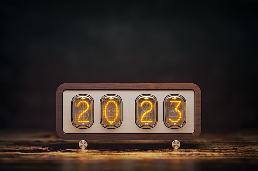 Happy New 2023 Year. Vintage nixie clock with 2023. 3d illustration