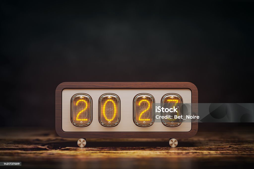 Happy New 2023 Year. Vintage nixie clock with 2023. Happy New 2023 Year. Vintage nixie clock with 2023. 3d illustration Clock Stock Photo