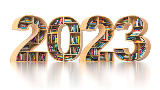 Happy 2023 new year education concept. Bookshelves with books in the form of text 2023. 3d illustration
