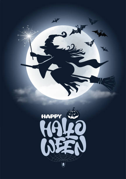 ilustraciones, imágenes clip art, dibujos animados e iconos de stock de bruja y luna de halloween - wizard magic broom stick