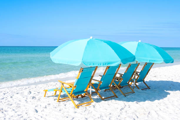 Beach Chairs and Umbrella stock photo