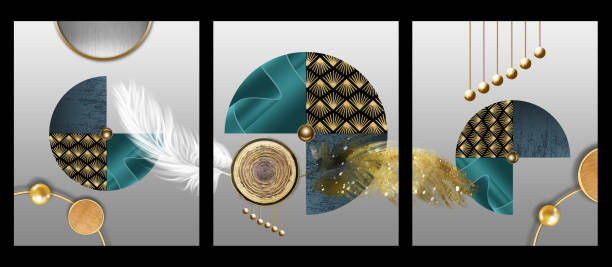 istock 3d modern wall canvas frame art. with golden circles, lines, and feathers on gray background 1431740953