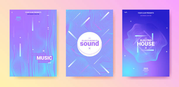 Electronic music posters set. Dance Music Flyer Set. Electronic Party Poster. Vector Dj Background. Gradient Wave Movement. Blue Purple Dance Music Flyer. Futuristic Fest Banner. Techno Sound Cover. Dance Music Flyer.Music festival posters collection, electronic sound flyers. concert poster template stock illustrations