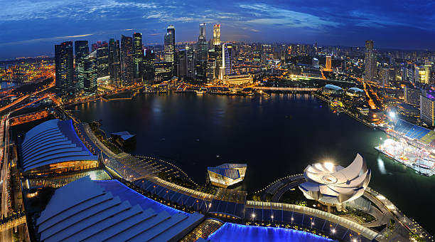 panorama de la ciudad de singapur marina bahía (xxxl - merlion singapore marina bay lighting equipment fotografías e imágenes de stock