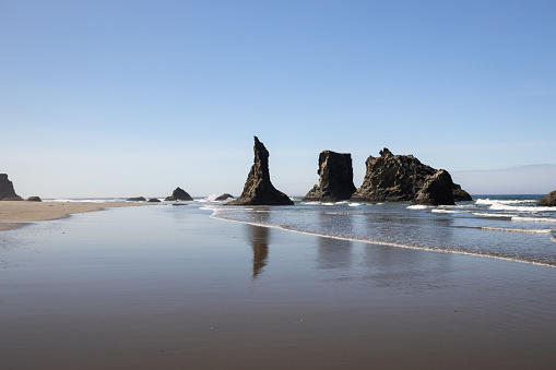 The Wizard's Hat and other sea stacks at Bandon Beach on the central Oregon coast.