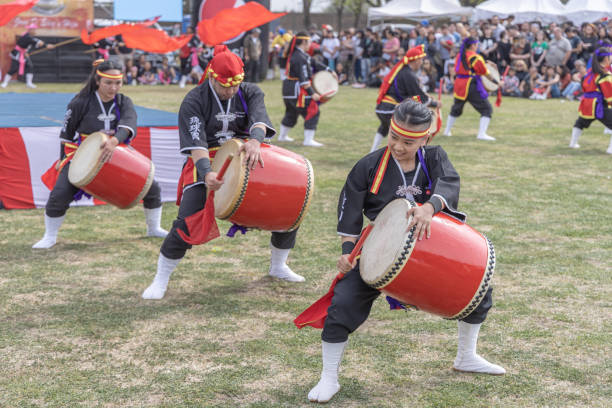 Buenos Aires, Argentina - October 8th, 2022: Japanese dancers with drum. Eisa (Japanese dance with drums) in Varela Matsuri.