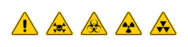 ilustrações de stock, clip art, desenhos animados e ícones de set of warning signs with a skull, biohazard, radioactive and fallout symbols in yellow triangle sign vector illustration - toxic waste vector biohazard symbol skull and crossbones