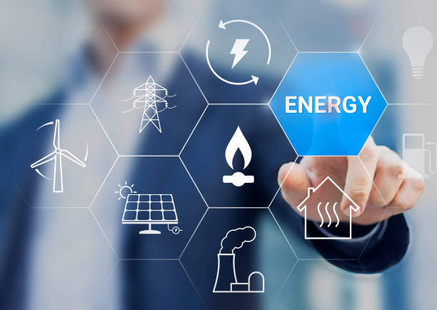 Energy market, production, transport, consumption. Renewable electricity with wind turbine, solar panel. Nuclear power plant. Gas and fuel. International trading, contract and regulation, businessman. stock photo