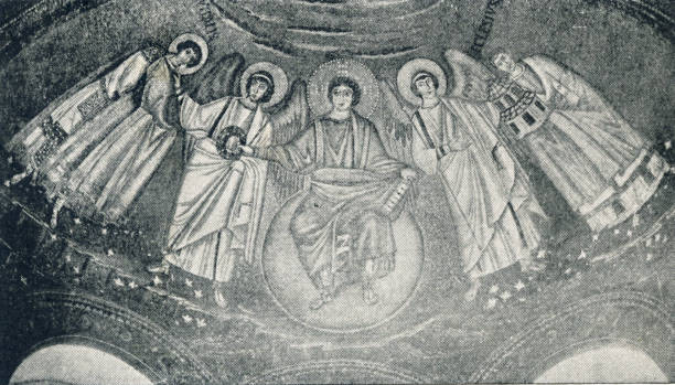 ilustrações de stock, clip art, desenhos animados e ícones de saviour with angels and saints mosaic 6th century - circa 6th century