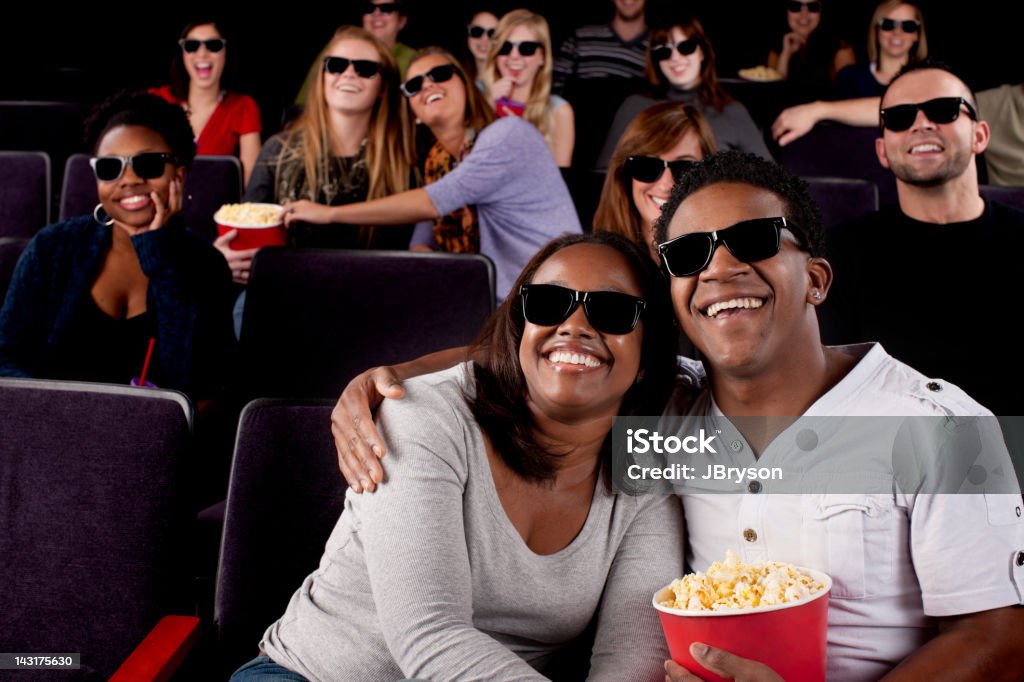 Real People Audience: Date Night Black Couple Watching Movie Theater  Movie Theater Stock Photo