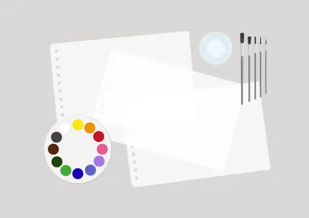 Vector illustration of Watercolors to paint with water. Colors. Drawing block. Paint brushes