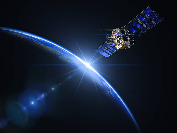 Satellite And Sunrise In Space Communications background. 3D render. satellite photos stock pictures, royalty-free photos & images