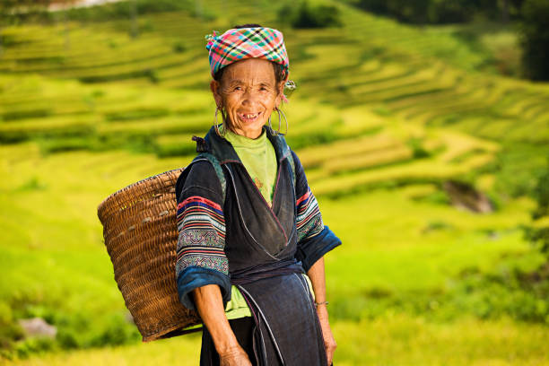 вьетнамский меньшинств люди-женщина с черный hmong hill tribe - bac ha стоковые фото и изображения