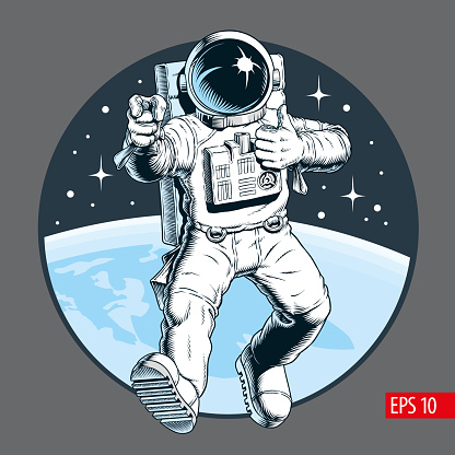 Astronaut in outer space shows thumb up and pointing gestures. Friendly space tourist. Vector illustration.
