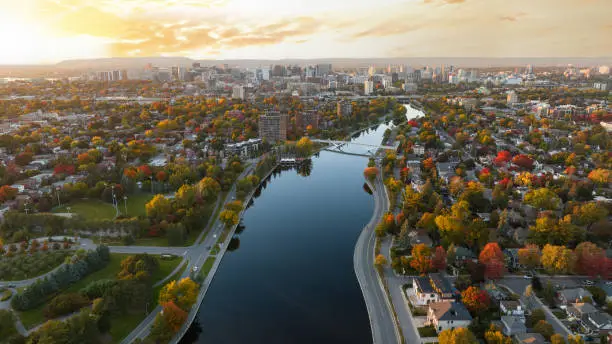 Aerial drone photograph of sunset at Glebe in Ottawa with Rideau Canal