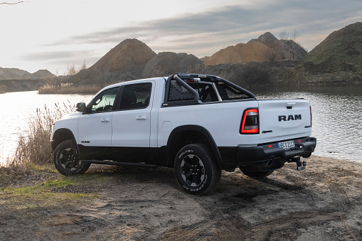 Berlin, Germany - 12 January, 2020: Ram 1500 Rebel pick-up truck parked next to the lake. This model is one of the most popular pick-up vehicles in North America.