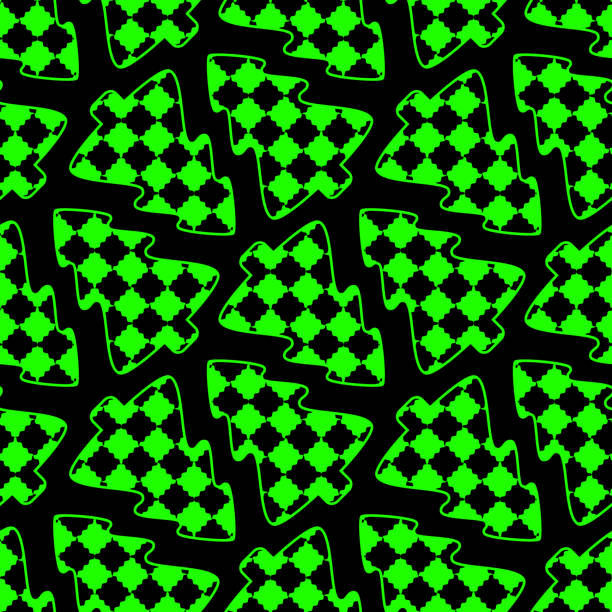 Amazing chessboard backdrop in christmas tree design Amazing seamless pattern with evergreen forest. Chessboard backdrop in christmas tree design. Y2k groovy psychedelic fun background. New Year's decor. Template for gift wrapping, wallpaper, print 21st century style stock illustrations