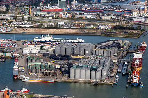 Aerial view of the Vopak Terminal Vlaardingen and DFDS Seaways in the Port of Rotterdam, The Netherlands