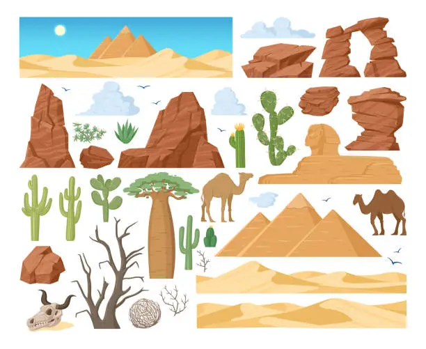 Vector illustration of Cartoon desert dunes, tumbleweed, sand stones, cactus plants. Cartoon sand landscape elements, western desert view flat vector symbols set. Desert constructor elements