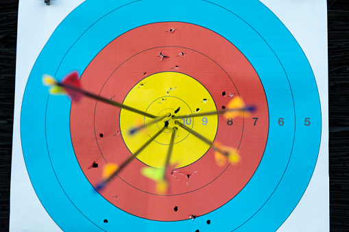 Archery arrows in the bull's-eye of a sports target.