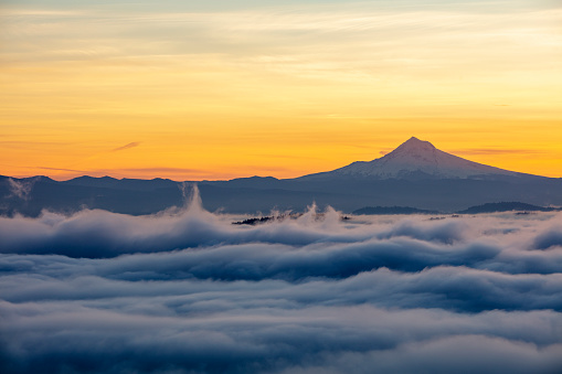 Mt Hood on a foggy morning viewed from the west hills of Portland.