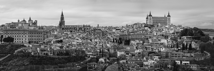 Toledo, Spain - January 5 2020: A black and white photograph of the Toledo Skyline