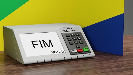 3d rendering, electronic voting machine with Brazilian flag colors in the background, written end voted on the screen in portuguese and written: \