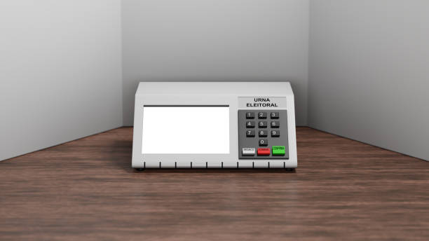 3D rendering of electronic voting machine used in Brazil in elections, with white screen and writings saying in Portuguese: "white", "correct", "confirm" and "electoral ballot box"